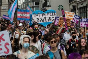 Transgender people and their supporters march through London earlier this year. Their banners included one saying “Rot in hell Rowling”. Photo: Wiktor Szymanowicz/ Barcroft Media via Getty Images