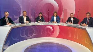 Alastair Campbell on the Question Time panel with Emma Pinchbeck, Tom Newton Dunn, Lucy Powell, Fiona Bruce and Lee Rowley.