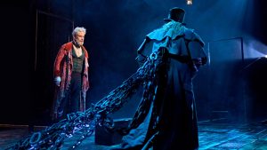 Stephen Mangan,
as Scrooge, has a ghostly run-in with
former partner Jacob Marley (Andrew Langtree) in the evergreen A Christmas Carol. Photos: Manuel Harlan