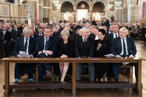 Sir John Major (far left) and Boris Johnson (far right) among
leaders past and present and others at the requiem mass for Sir David Amess last month. Photo: by Stefan Rousseau/Getty.