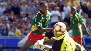 Cameroon's Samuel Eto'o scores against Spain as Cameroon win gold in the 2000 Olympic football final. Photo: Gabriel Bouys/Getty.