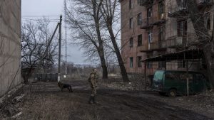 A Ukrainian soldier stands outside his brigade’s barracks
on the front line in Zolote. Photo: Brendan
Hoffman/Getty 
