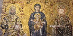 A depiction of Mary and Jesus, flanked by gift-bringing kings, in the Byzantine Hagia Sophia in Istanbul. Photo: Hadi Zaher/Getty.