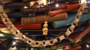 A Christmas tree, crafted entirely from books, in the library at the National Trust's Polesden Lacey. Photo: Steve Parsons/PA Archive/PA Images.