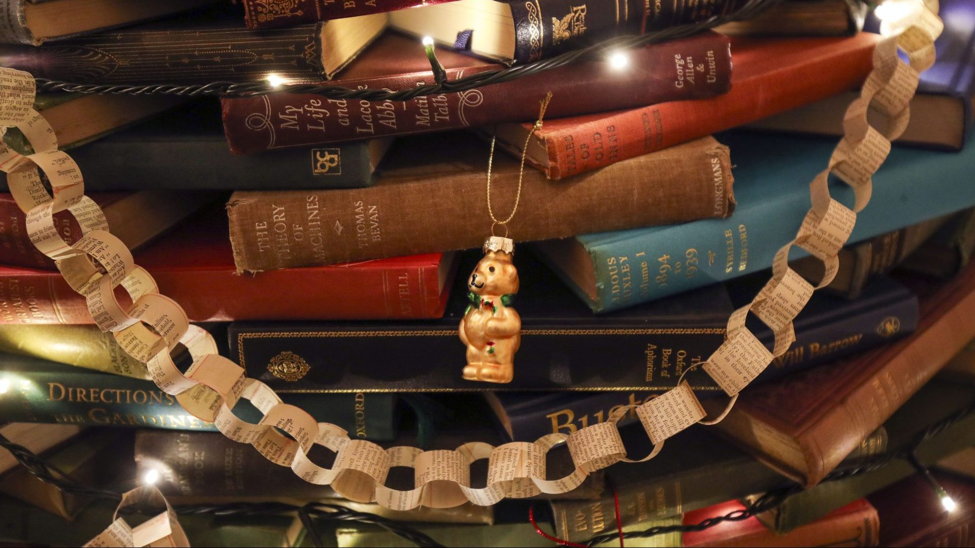 A Christmas tree, crafted entirely from books, in the library at the National Trust's Polesden Lacey. Photo: Steve Parsons/PA Archive/PA Images.