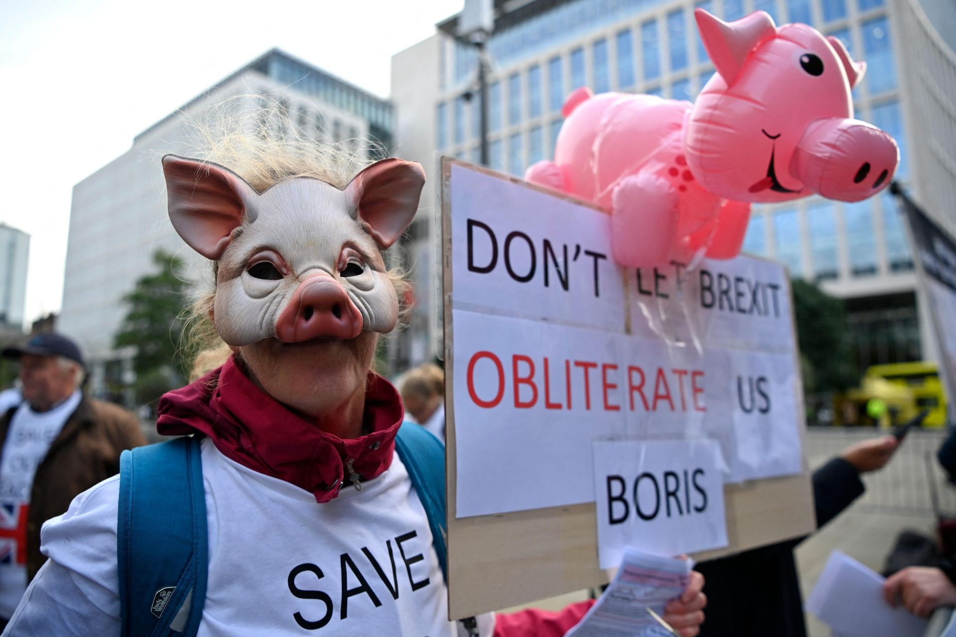 A worker in the British pig farming sector protests to call on the government to support the sector. Photo: Ben Stansall/AFP via Getty Images