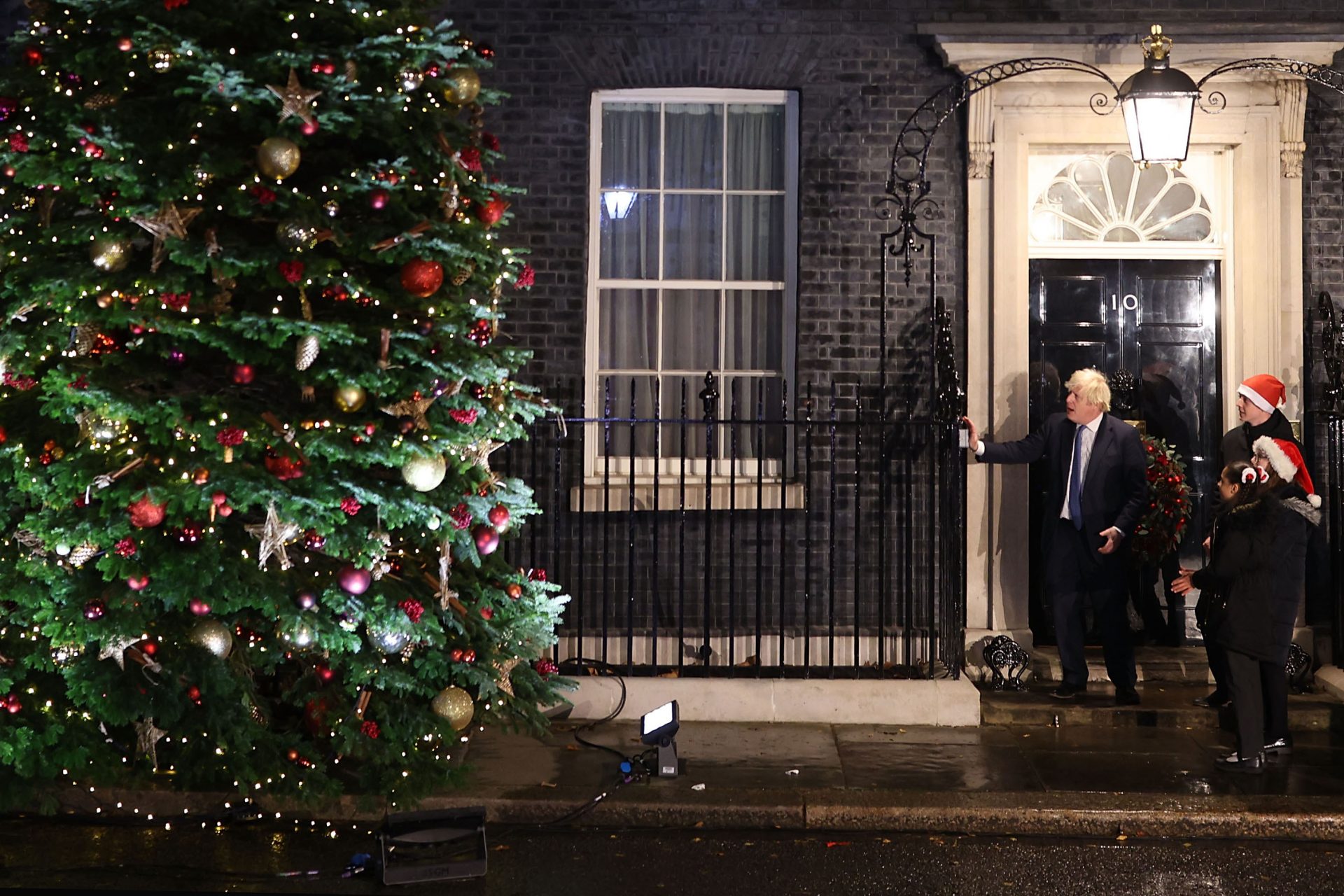 Boris Johnson hosts an event to light up the Christmas tree on Downing Street. Photo: Dan Kitwood/Getty Images.