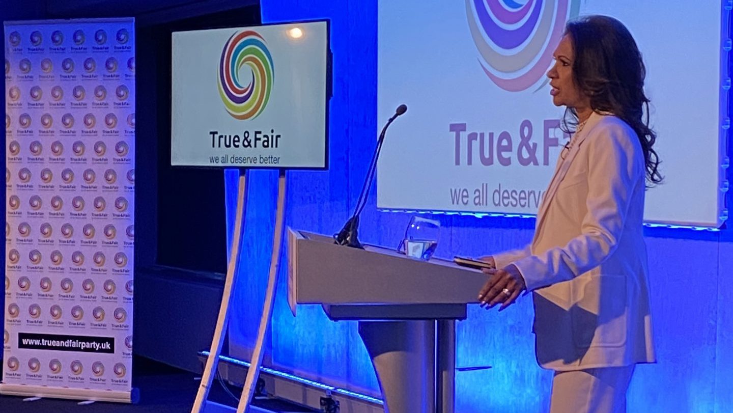 Gina Miller at the podium of the True & Fair party launch. Photo: Tim Walker. 