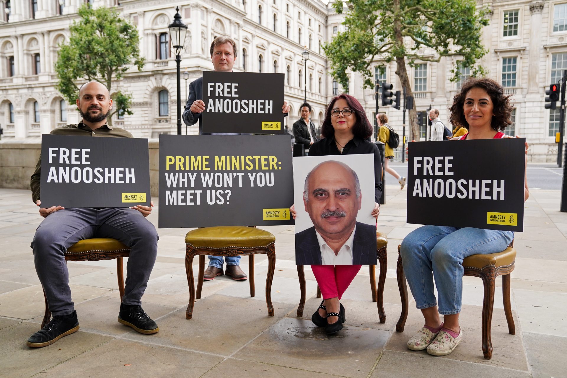 Aryan Ashoori, the son of Anoosheh Ashoori, Richard Ratcliffe, Sherry Izadi and Elika Ashoori, the wife and daughter of Anoosheh Ashoori during a protest outside Downing Street in August. Photo: Kirsty O'Connor/PA Wire/PA Images.