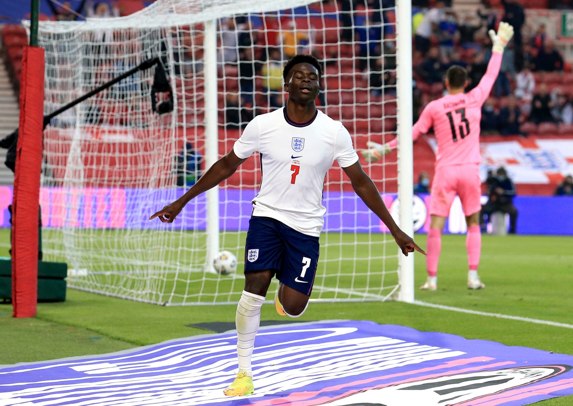 England's Bukayo Saka after he scored his first England goal as Gareth Southgate's Three Lions beat Austria 1-0 in a friendly at Middlesbrough's Riverside ground. Photo: Lindsey Parnaby/PA Wire/PA Images.