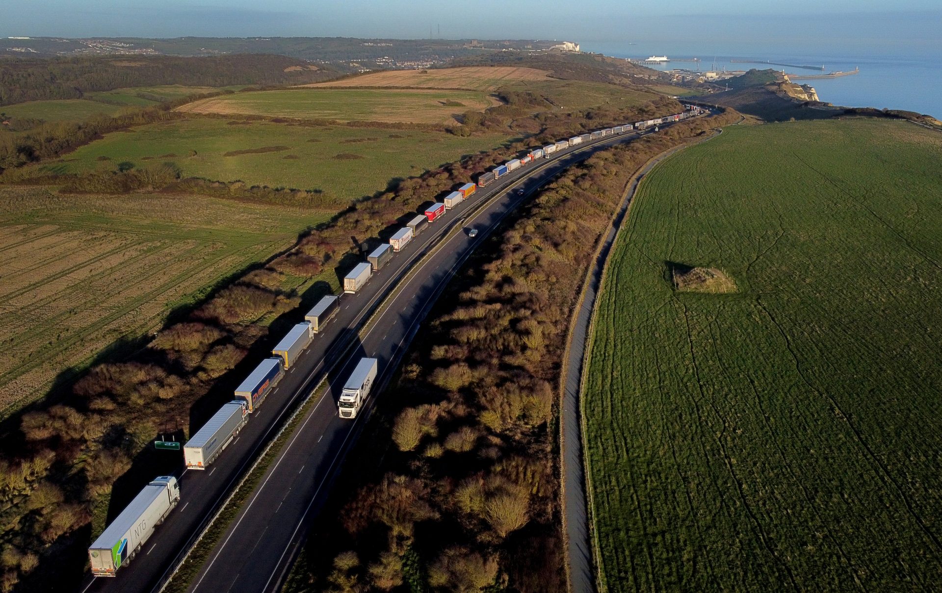 Lorries queue for the Port of Dover waiting to cross the Channel. Photo:  Gareth Fuller/PA Wire/PA Images.