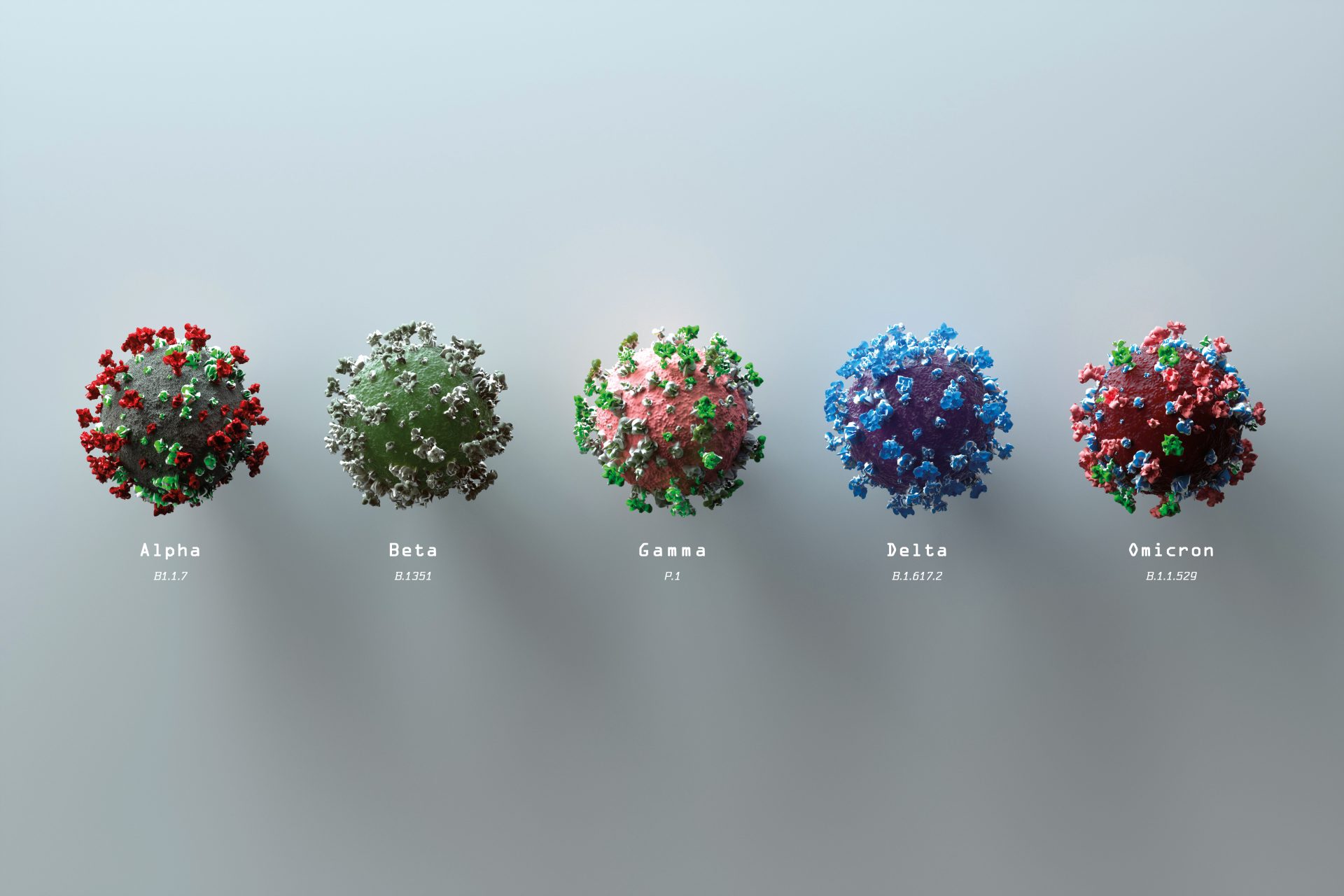 Digital generated image of different variants of COVID-19  cells. Photo: Getty