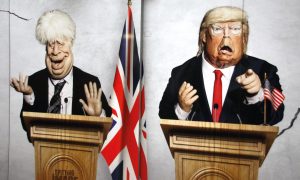 Boris Johnson and Donald Trump caricatured for 
Spitting Image inside Westminster Tube Station. Photo: Keith Mayhew/Getty Images