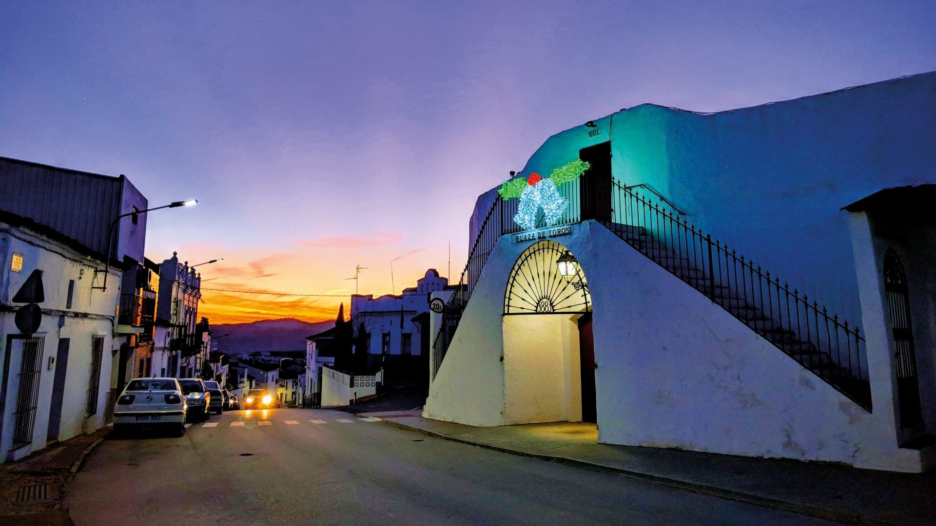 The Plaza de Toros, complete  with festive bow, in Fuentes de León. Photo: Peter Barron