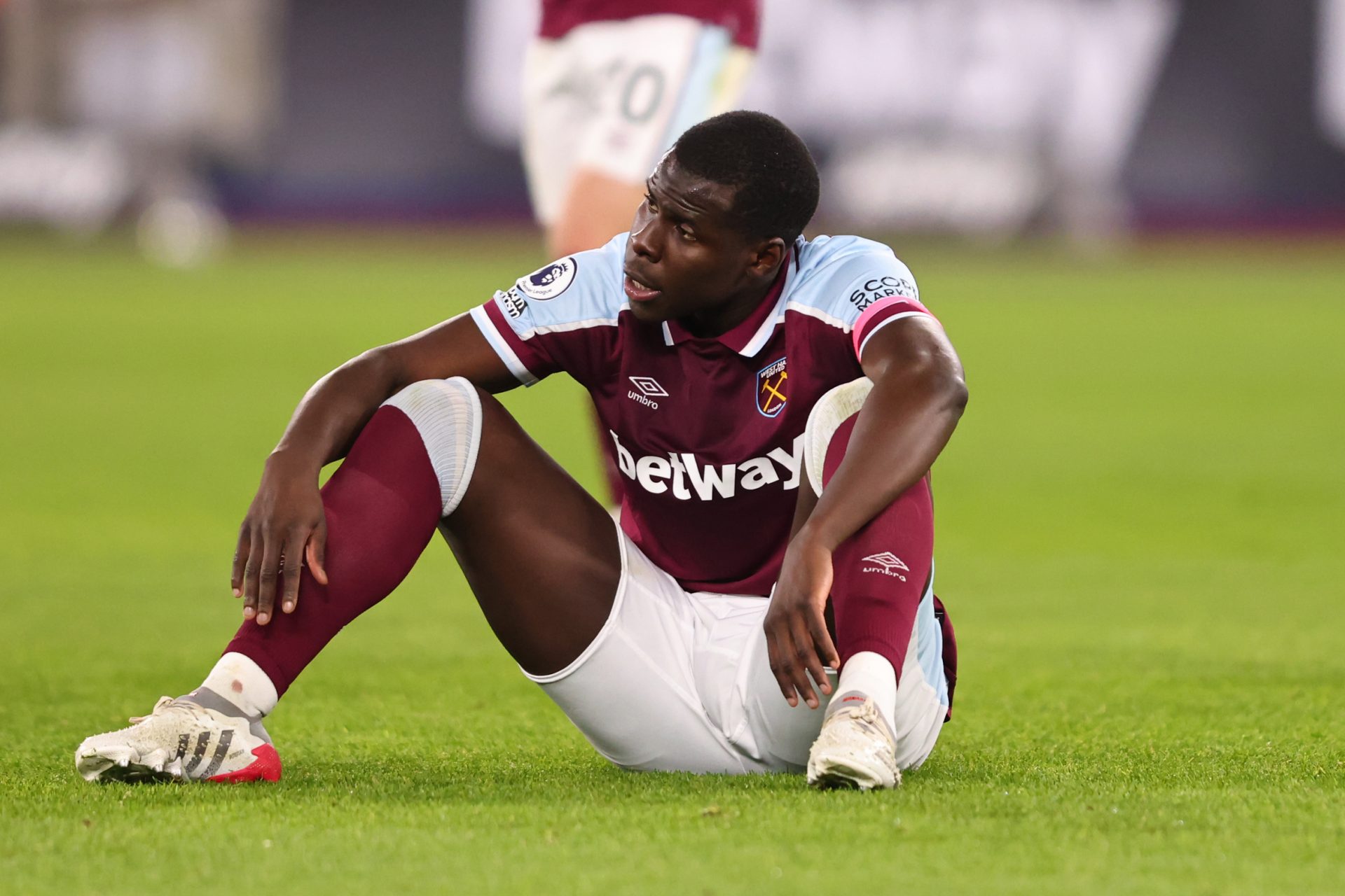 Kurt Zouma of West Ham United looks dejected after the Premier League match between West Ham United and Watford at London Stadium on February 8, 2022 in London, United Kingdom. (Photo by Marc Atkins/Getty Images)