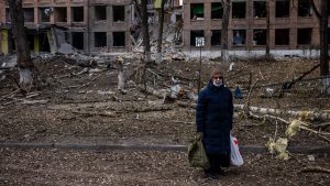 The remains of a building hit by a Russian missile attack in Vasylkiv, near Kyiv. Photo: Dimitar Dilkoff/AFP/Getty.