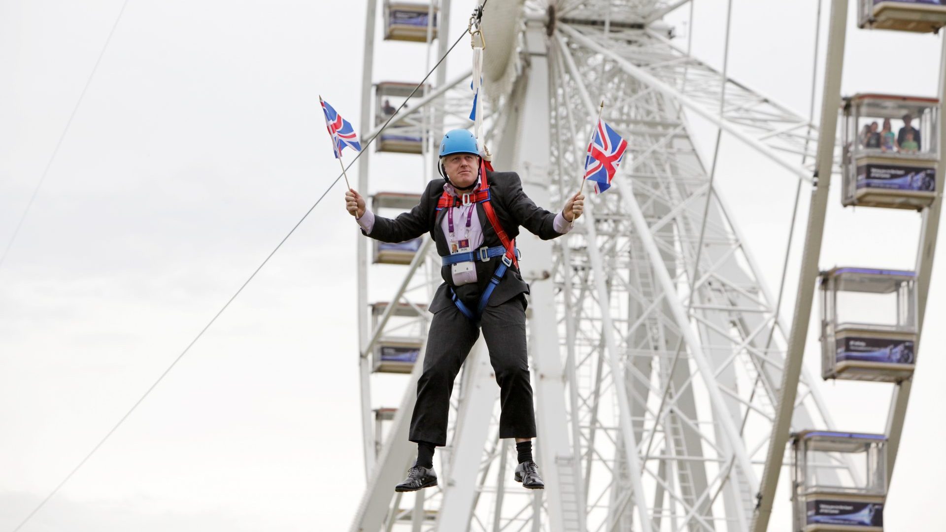 Boris Johnson got stuck on a zip-line during BT London Live in Victoria Park back in 2012. Photo: Barcroft Media via Getty Images