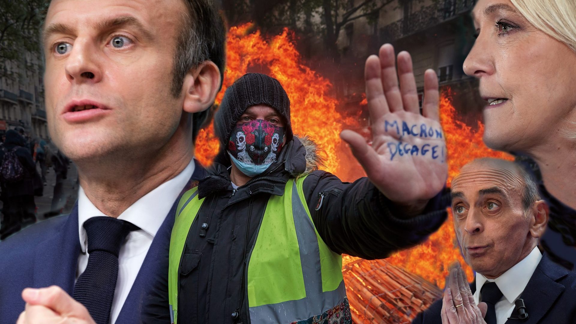 Emmanuel Macron, Marine Le Pen, Eric Zemmour and a yellow vest 
demonstrator demanding Macron 
resigns. Montage: The New European