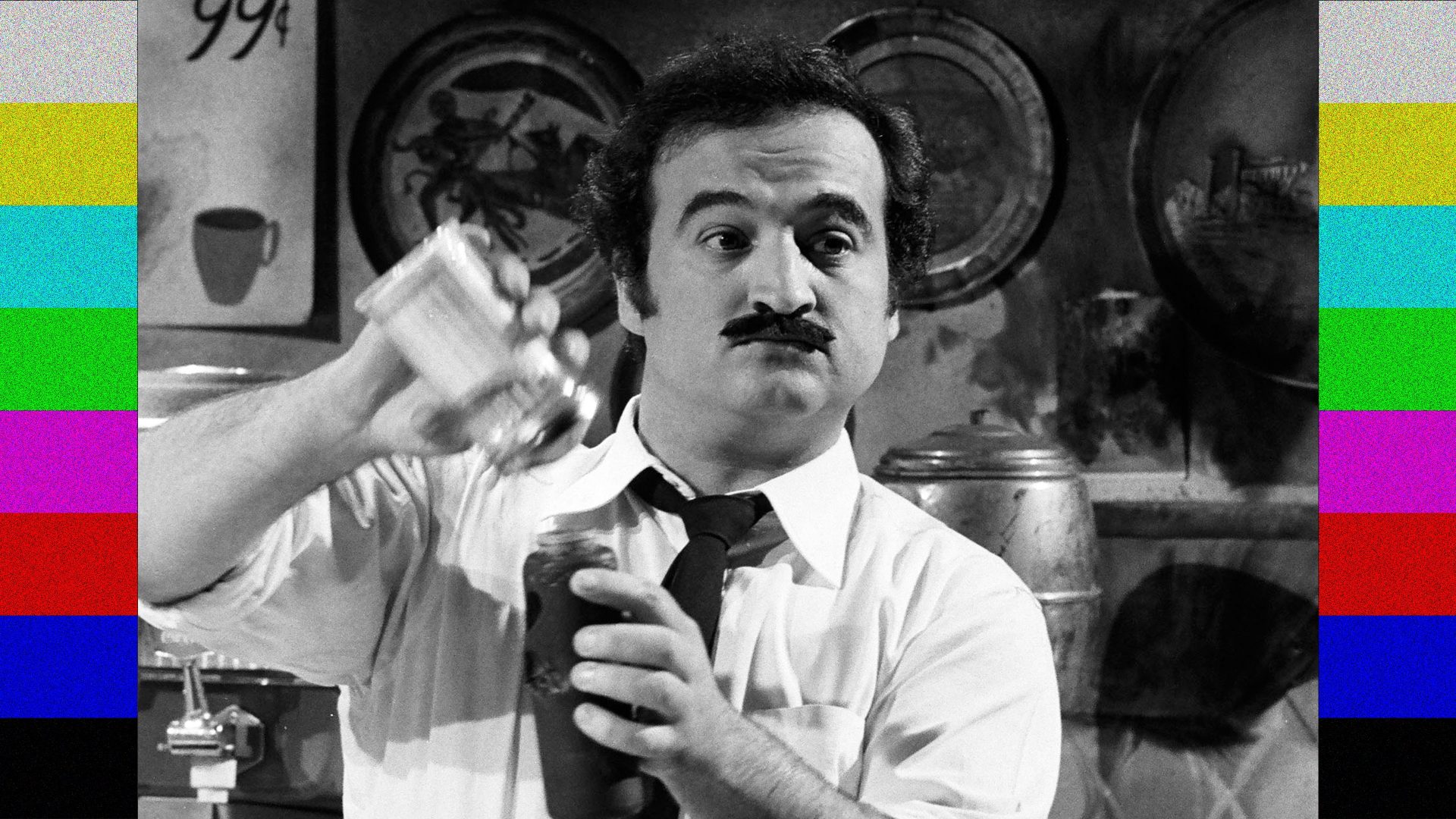 John Belushi in one of Saturday Night
Live’s Olympia Café sketches. Photo: Al Levine/NBCU/Getty. Montage: The New European