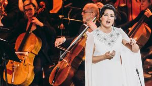 Russian opera soprano singer Anna Netrebko performs during the 27th annual Victoires de la musique classique (Classical music award) ceremony at the lArsenal de Metz, in Metz. northeastern France on February 21, 2020. (Photo by Christoph DE BARRY / AFP) (Photo by CHRISTOPH DE BARRY/AFP via Getty Images)