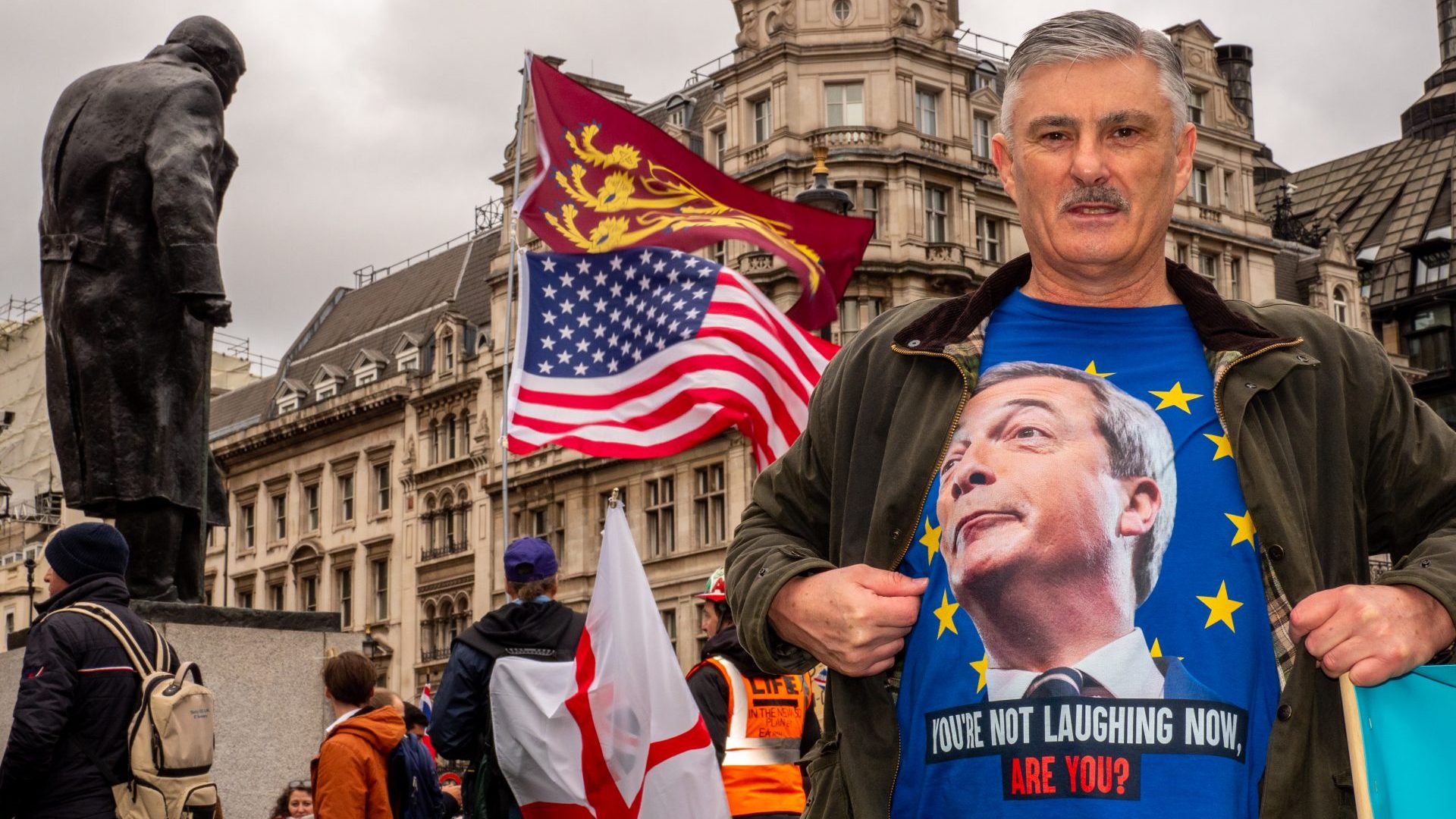 A Nigel Farage fan shows off his wardrobe on January 31, 2020, as the UK prepared to leave the EU. Photo: Peter Dench/Getty