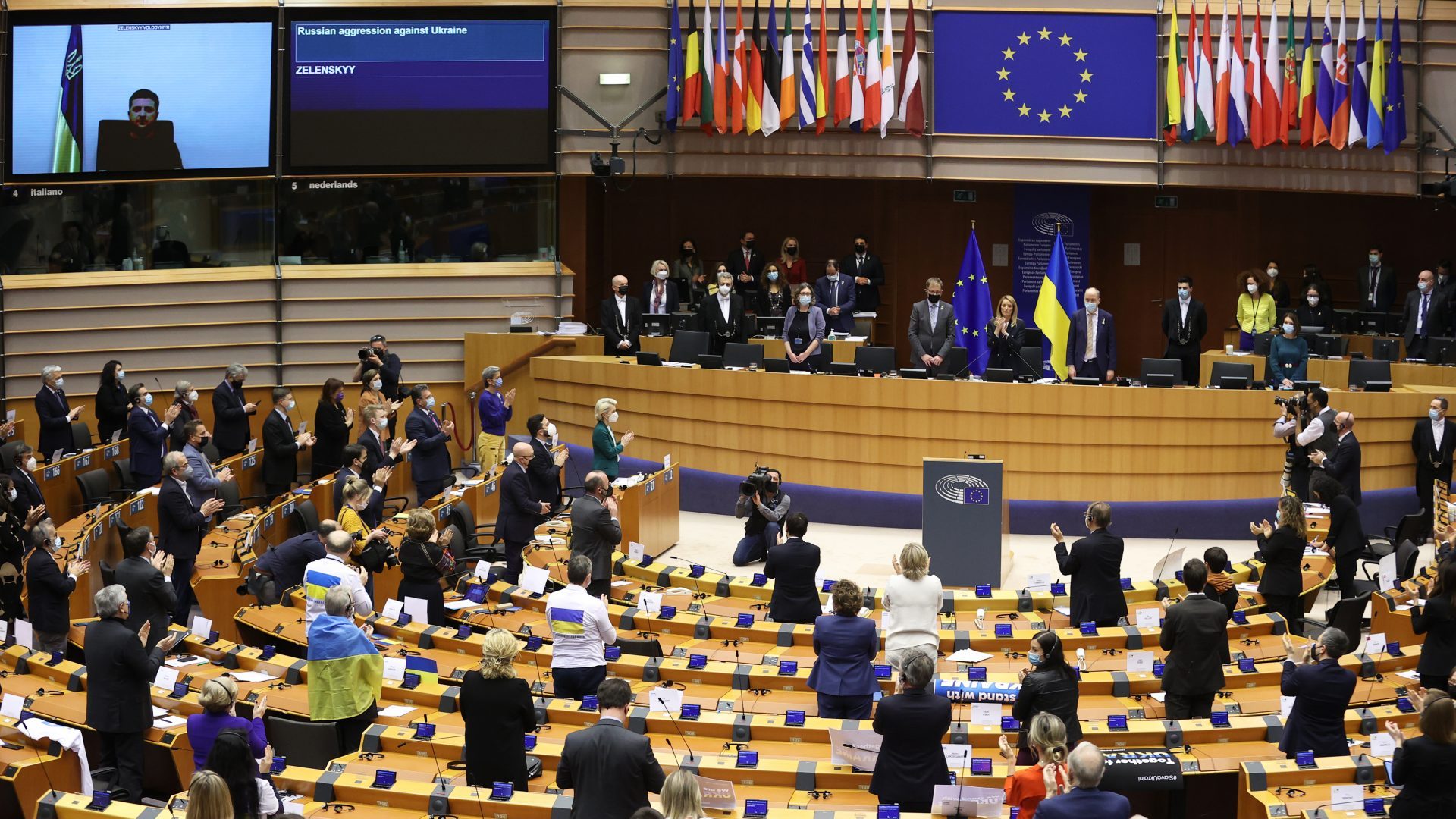 Ukrainian President Volodymyr Zelensky (on screen) gives a live video address during a special plenary session of the European Parliament. Photo: Dursun Aydemir/Anadolu Agency via Getty Images