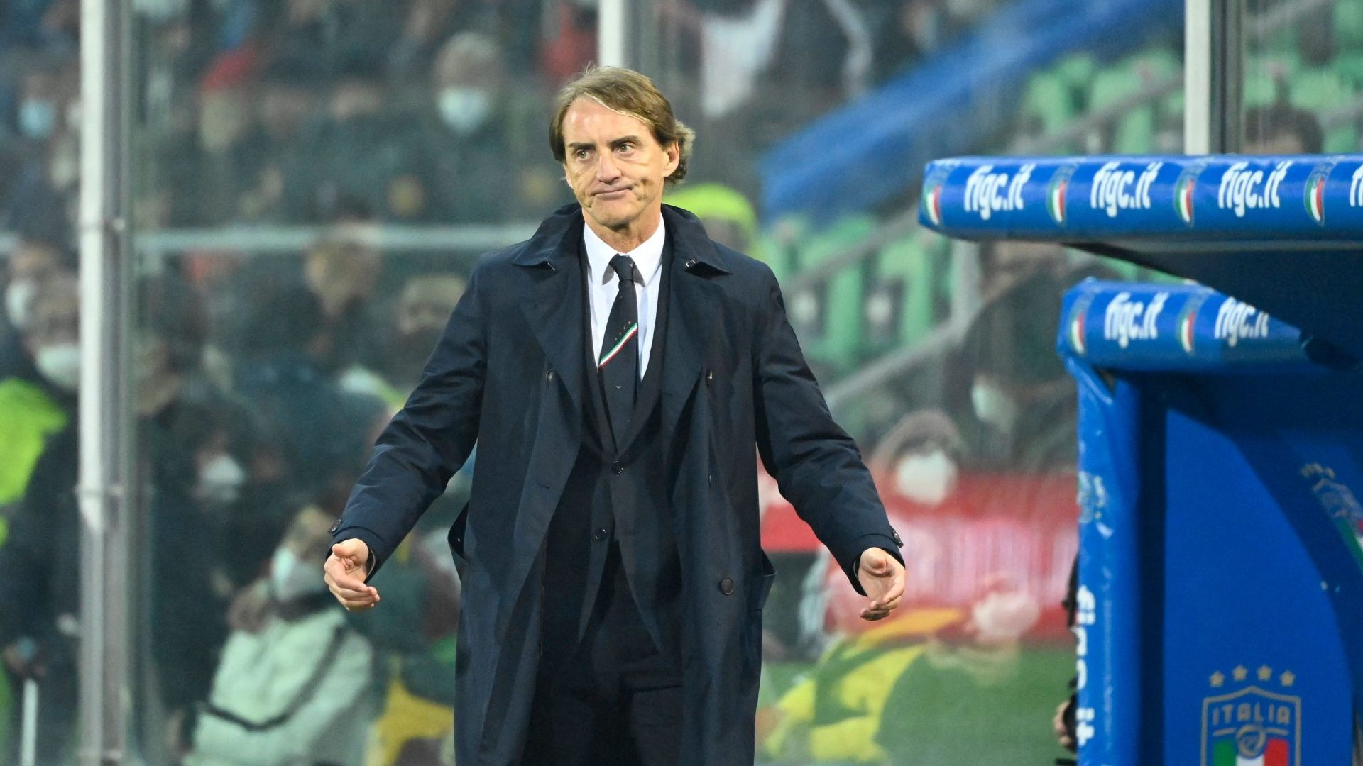 Roberto Mancini reacts as Italy lose to North Macedonia (Photo: Alberto Pizzoli/Getty)