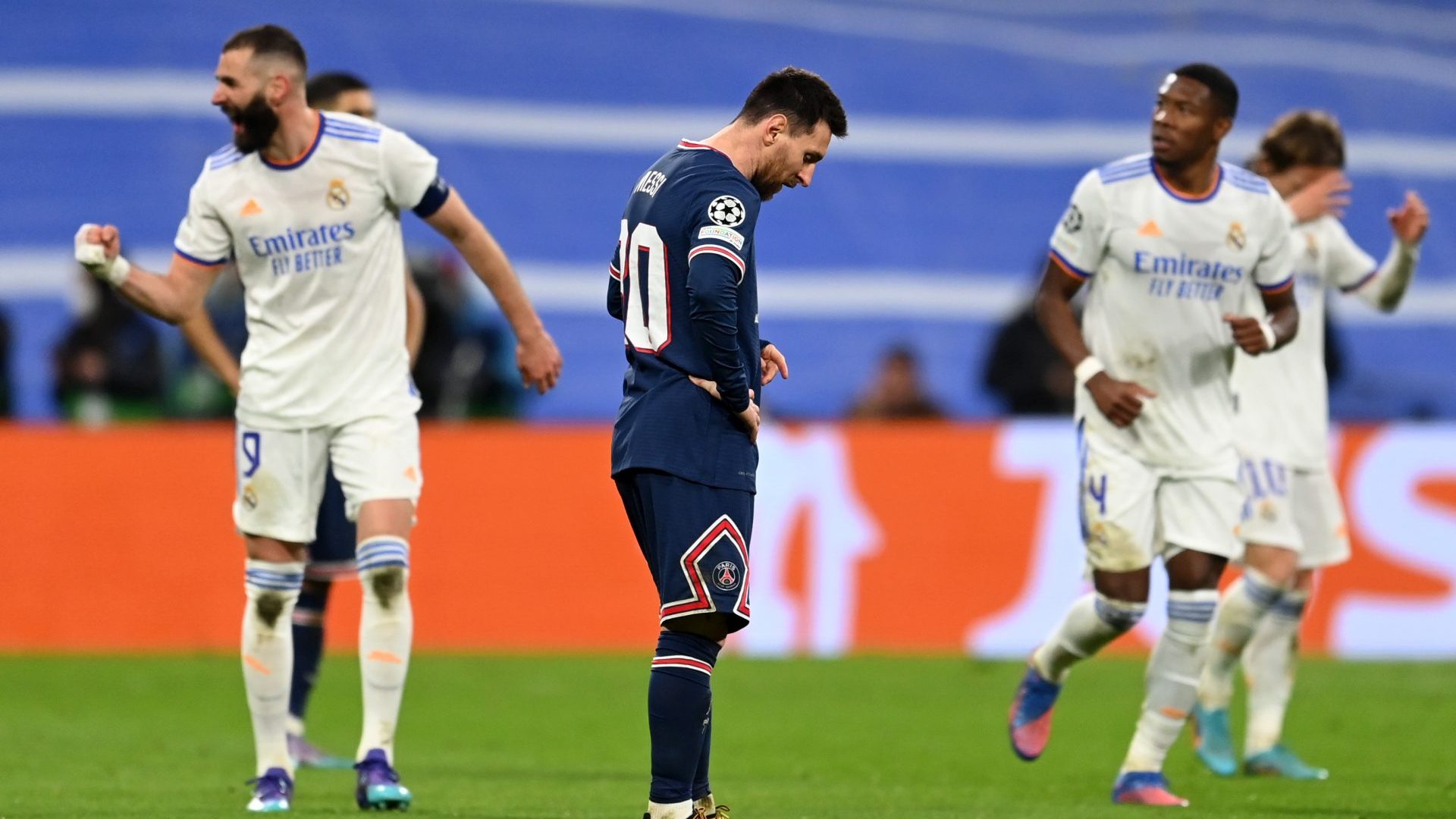 Lionel Messi sees another Champions League slip away 
as Karim Benzema celebrates (Photo: David Ramos/Getty)