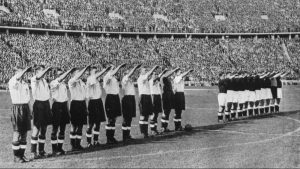 The England team make the Nazi salute in Berlin, 1938 (Photo: Hulton Archive/Getty)
