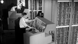 Engineers at English Electric in 1958 with the early DEUCE 
computer developed from plans by Alan Turing. Photo: Walter Nurnberg/SSPL/Getty