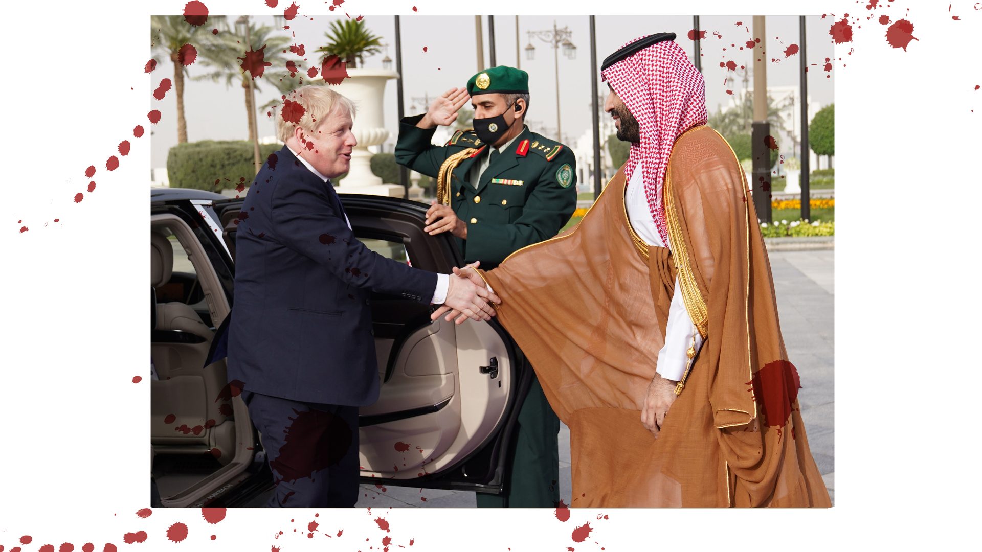 Boris Johnson is welcomed by Saudi Arabia’s Crown Prince Mohammed bin Salman. Photo: Stefan Rousseau/AFP. Montage The New European