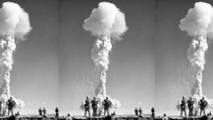 US Marines watch an atomic cloud during exercises in Nevada, 1953. Photo: PhotoQuest/Getty/The New European