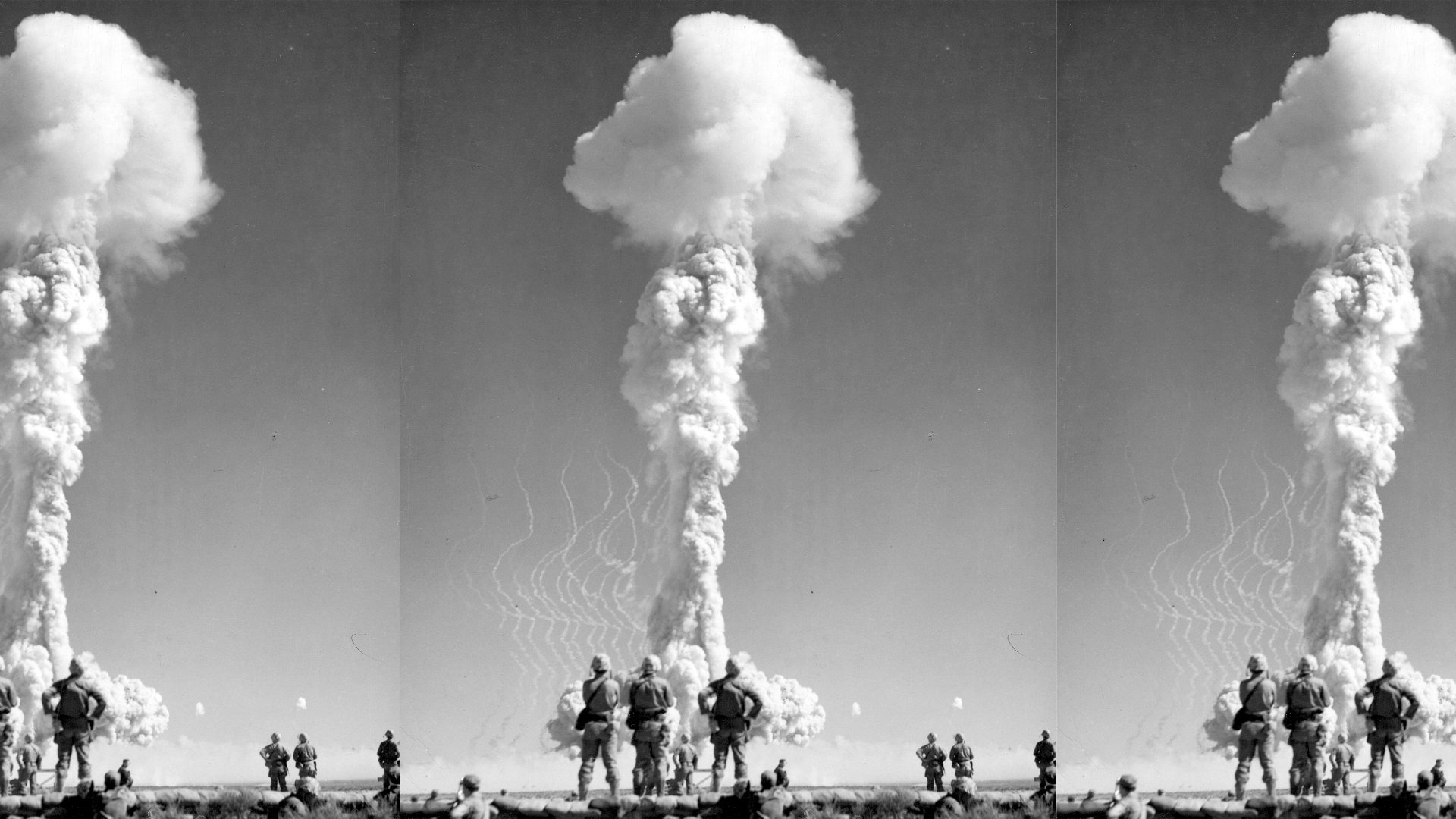 US Marines watch an atomic cloud during exercises in Nevada, 1953. Photo: PhotoQuest/Getty/The New European