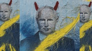 Putin appears as the devil spattered with the colours of Ukraine in a piece of graffiti by J Warx in Valencia, Spain. Photo: Rober Solsona/Europa
Press. Montage: The New European