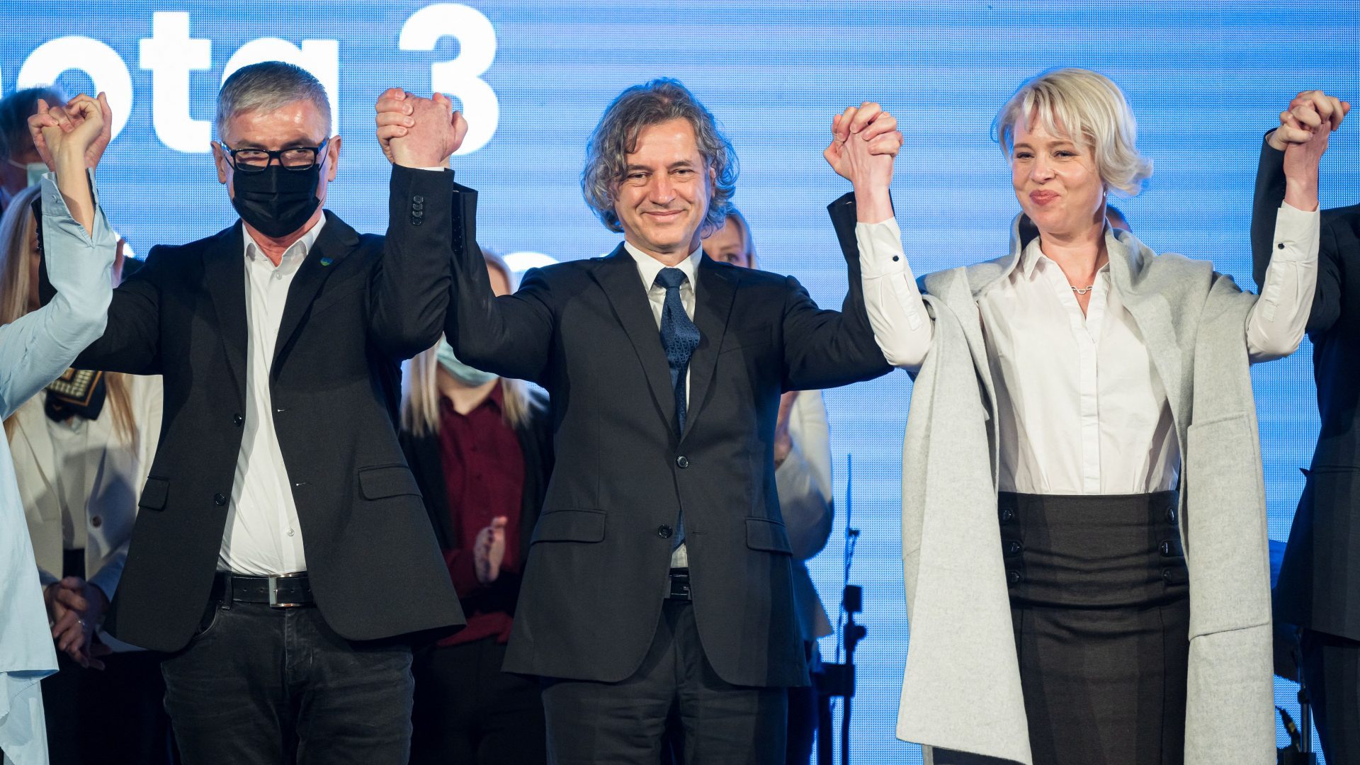 Robert Golob, leader of the newly founded liberal Freedom Movement party, during the pre-election convention in Ljubljana on 19 March. His party won a landslide victory in Slovenia’s elections. Photo: Jure Makovec/AFP/Getty Images