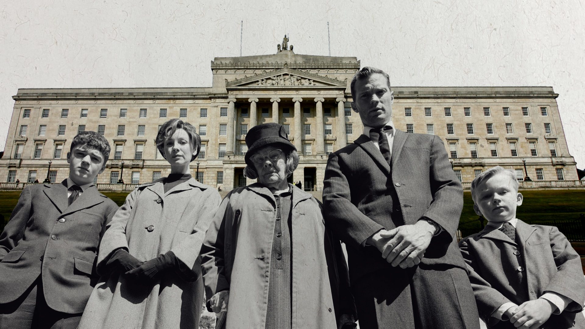 The cast of Oscar-winning movie Belfast and the Stormont parliament building. Photomontage: TNE
