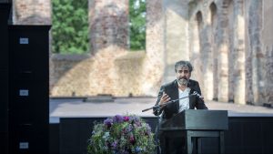 Deniz Yuecel speaks during the opening of the 69. Bad Hersfelder Festspiele (Photo by Thomas Lohnes/Getty Images)