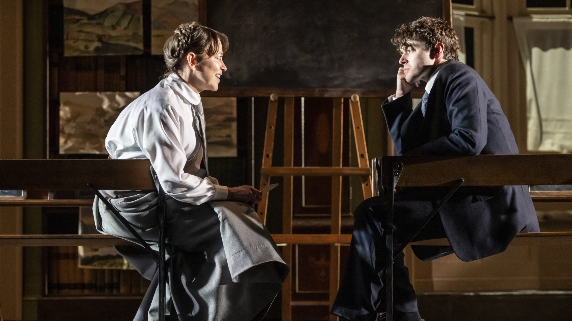 Nicola Walker (Miss Moffat) and Iwan Davies (Morgan Evans) in rehearsal for The Corn is Green at the National Theatre (Photograph by Johan Persson)