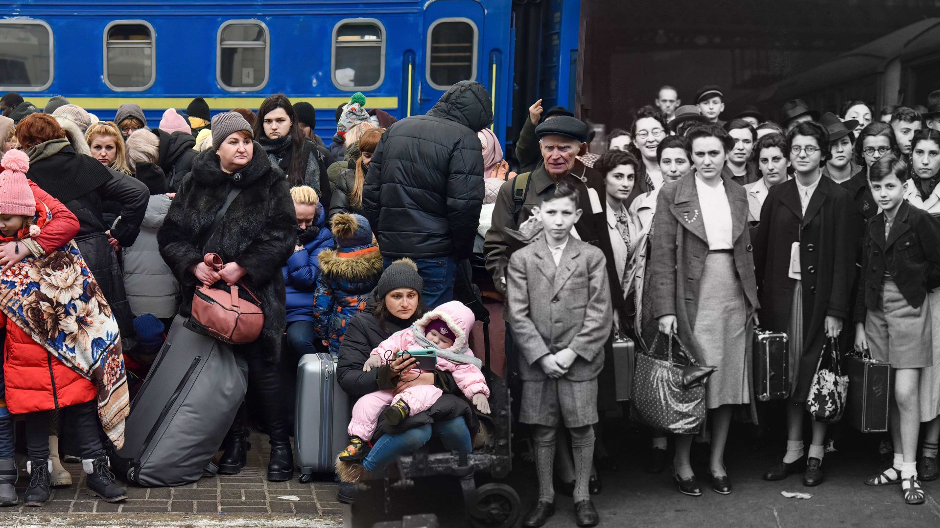 Refugees arrive in London on August 25, 1939. Far left: Ukrainians wait at Lviv 
station for trains to Poland on February 27, 2022. Photos: Hulton-Deutsch/Corbis; Pavlo Palamarchuk/SOPA