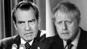 President Nixon in January 1973, during the Watergate scandal; Boris Johnson’s Partygate denials echo Nixon’s cover-up attempts. Photos: Steve Northup/The Chronicle Collection; Richard Pohle/Getty