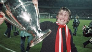 Kenny Dalglish celebrates Liverpool’s victory in the club’s first ever meeting with 
Real Madrid, at the 1981 European Cup Final, held - as is this weekend’s final - in 
Paris (Photo: Allsport)
