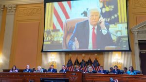 Photos of then-President Trump 
are shown during a House 
Select Committee to investigate the January 6 hearing. Photo: Kent Nishimura/Los 
Angeles Times/Getty Images