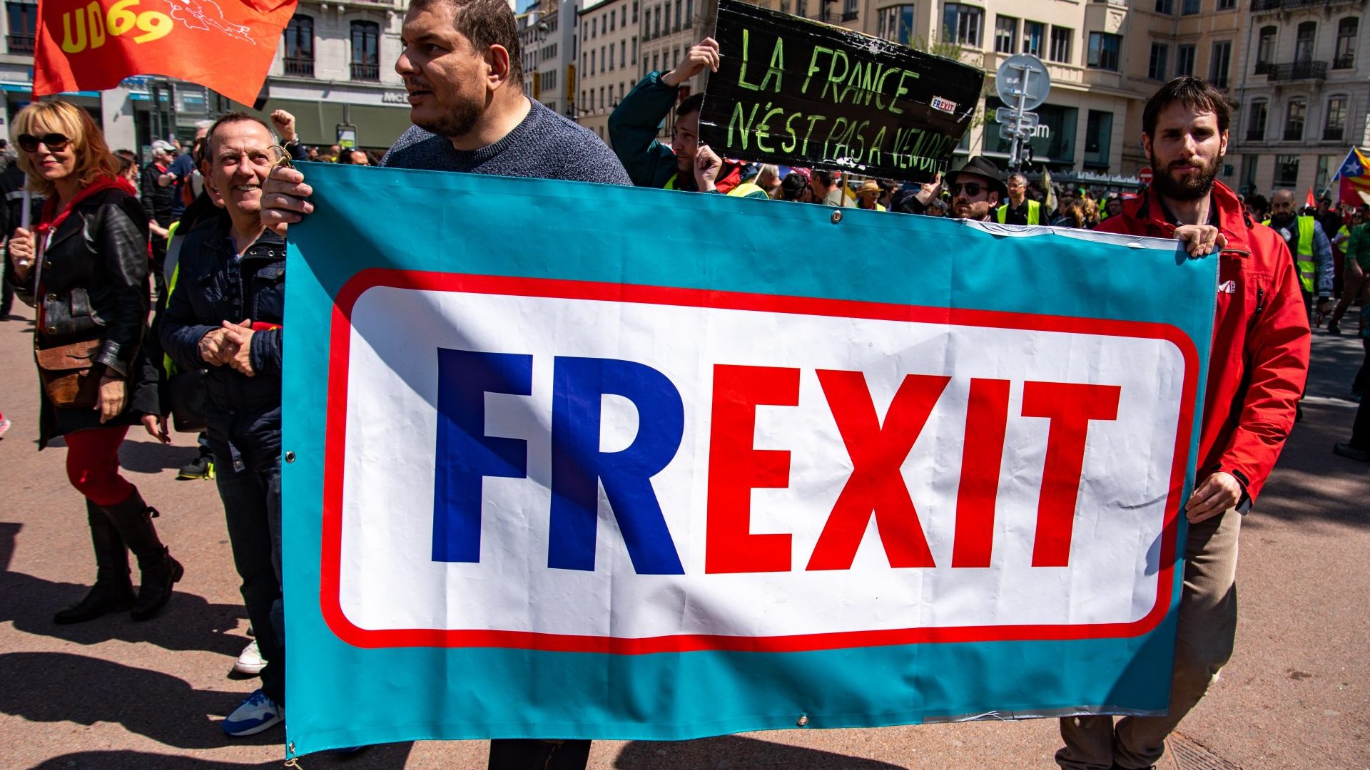 A banner saying "FREXIT" during an anti-government demonstration in Lyon, France, in 2019 (Photo by Robert DEYRAIL/Gamma-Rapho via Getty Images)