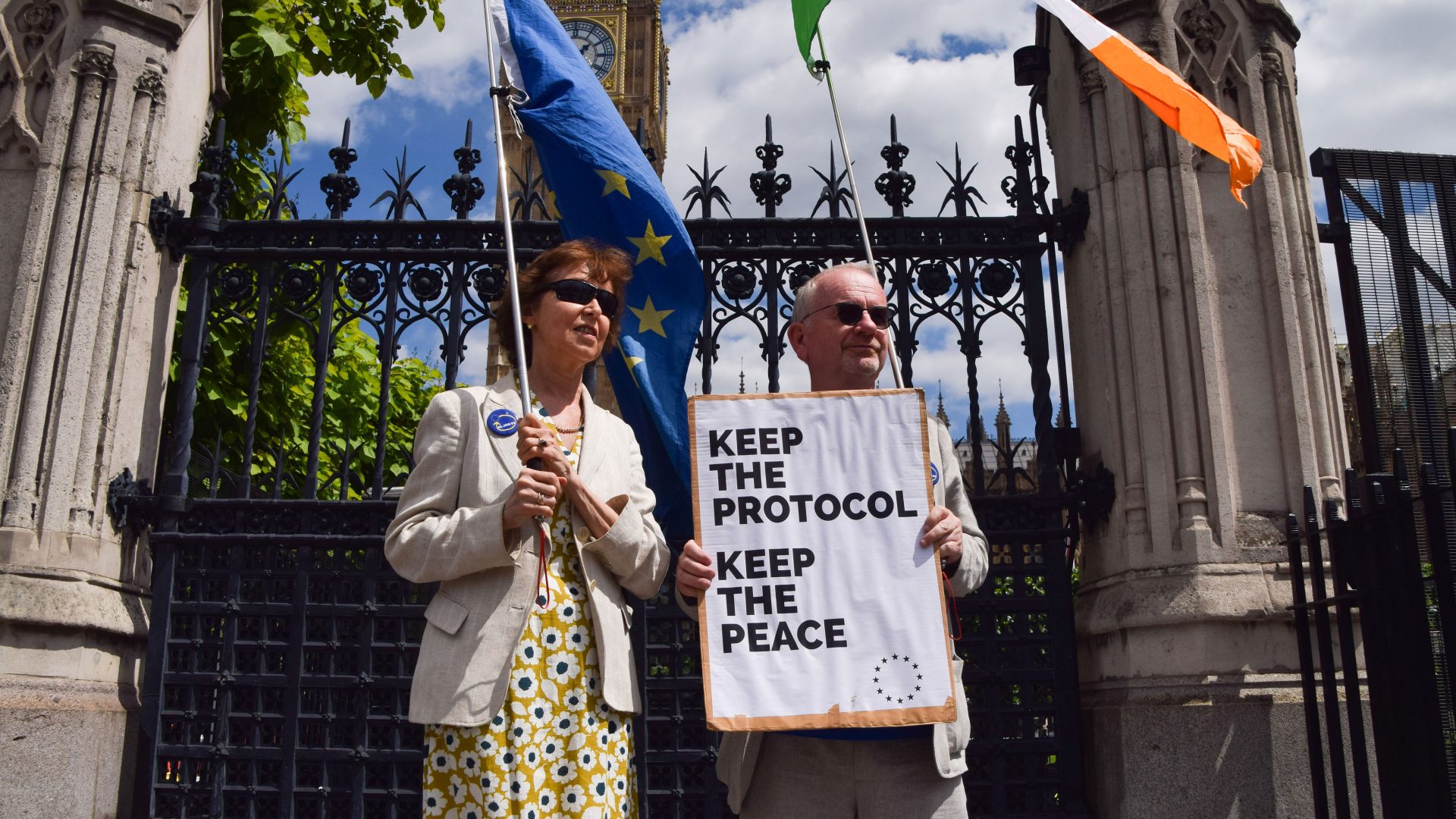 Protesters holding EU and Ireland flags stand outside the Houses of Parliament. Photo: Vuk Valcic/SOPA Images/LightRocket