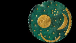 The Nebra Sky Disc, thought to be the world’s oldest map 
of the stars, is on display at the British Museum. Photo: Daniel Leal/AFP/Getty