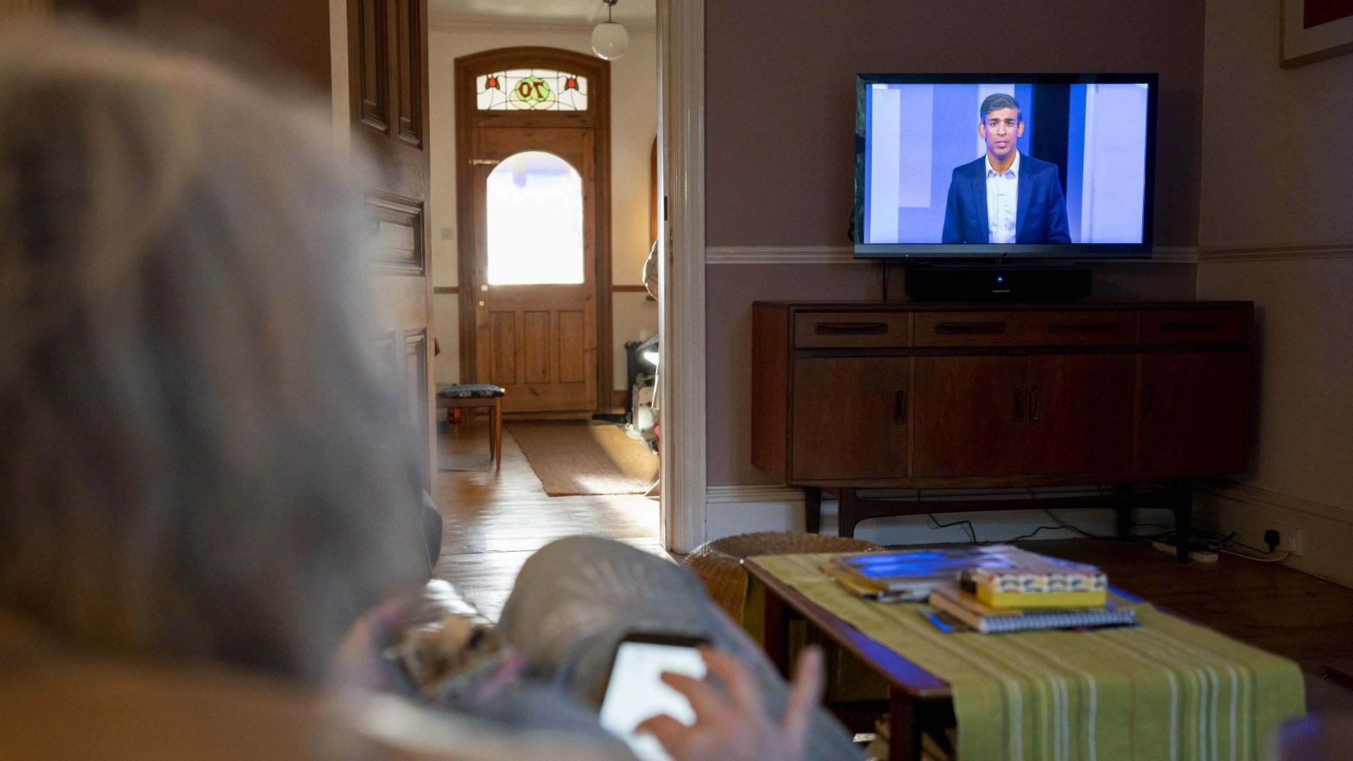 Rishi Sunak MP is seen on a TV screen during the first live TV Conservative party leadership debate on Channel 4 (Photo by Richard Baker / In Pictures via Getty Images)