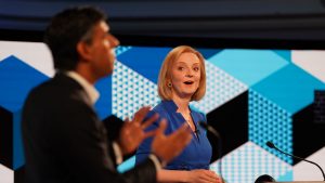 Rishi Sunak and Liz Truss take part in the BBC Leadership debate at Victoria Hall, Stoke-on-Trent (Photo by Jacob King - WPA Pool/Getty Images)