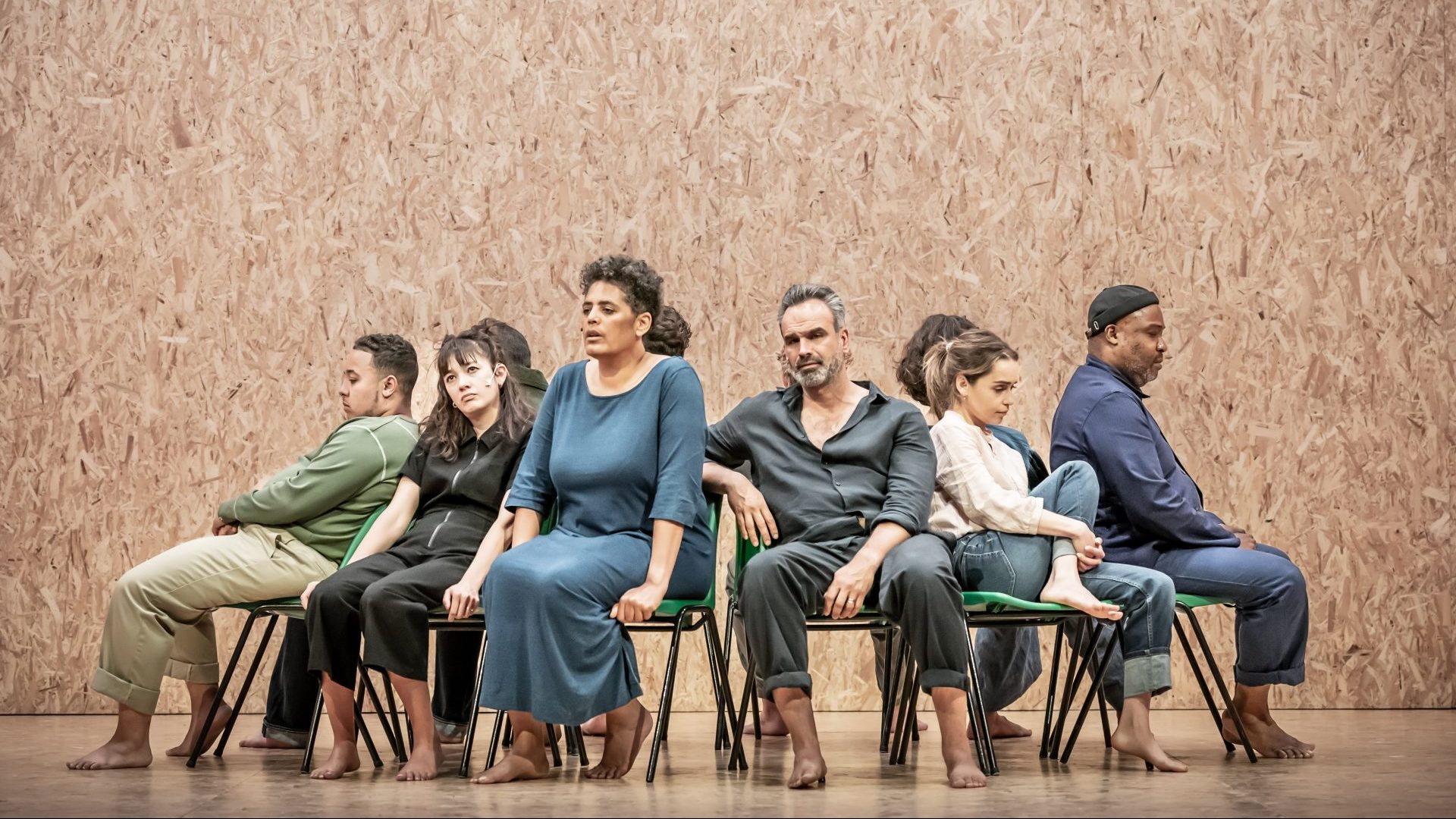 The Seagull's cast of Mika Onyx Johnson, Sophie Wu, Sara Powell, Gerald Kyd, Emilia Clarke and Jason Barnett. Photo: Marc Brenner