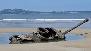 The wreckage of an old tank lies at Ou Cuo Sandy Beach 
on Taiwan’s Kinmen Islands, 3.2km from mainland China. Photo: Sam Yeh/AFP/Getty