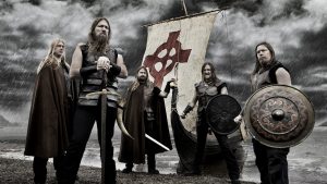 Swedish death metal band Amon Amarth with a Viking ongboat on the River Thames in Richmond. Photo: Steve Brown/Avalon/Getty